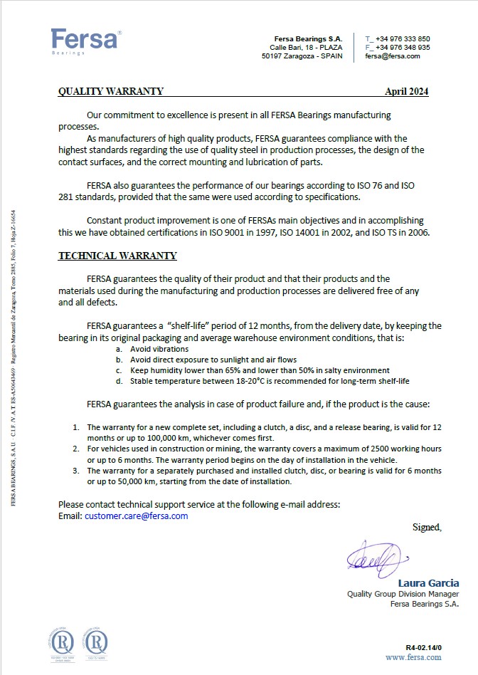 Fersa Clutch Kits Warranty